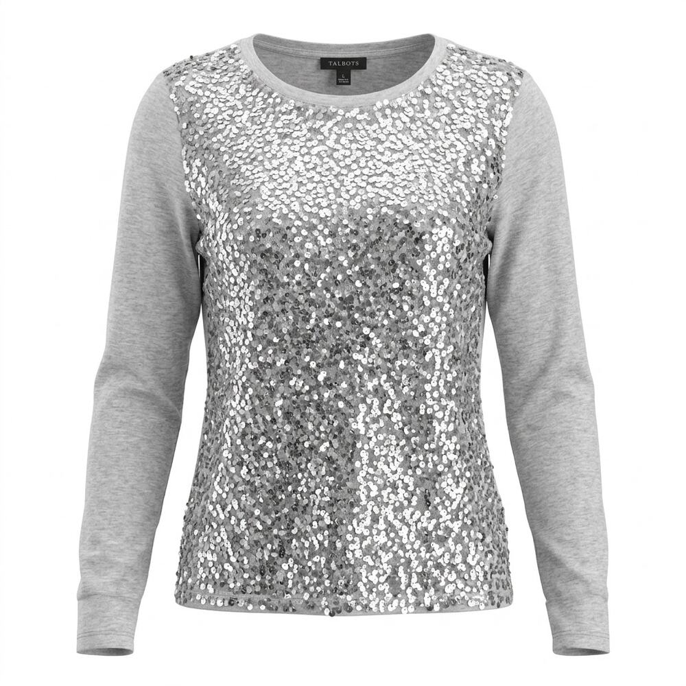 Talbots Pima Cotton Gray Crew Neck Sequin Long Sleeve Knit Top Women Size L